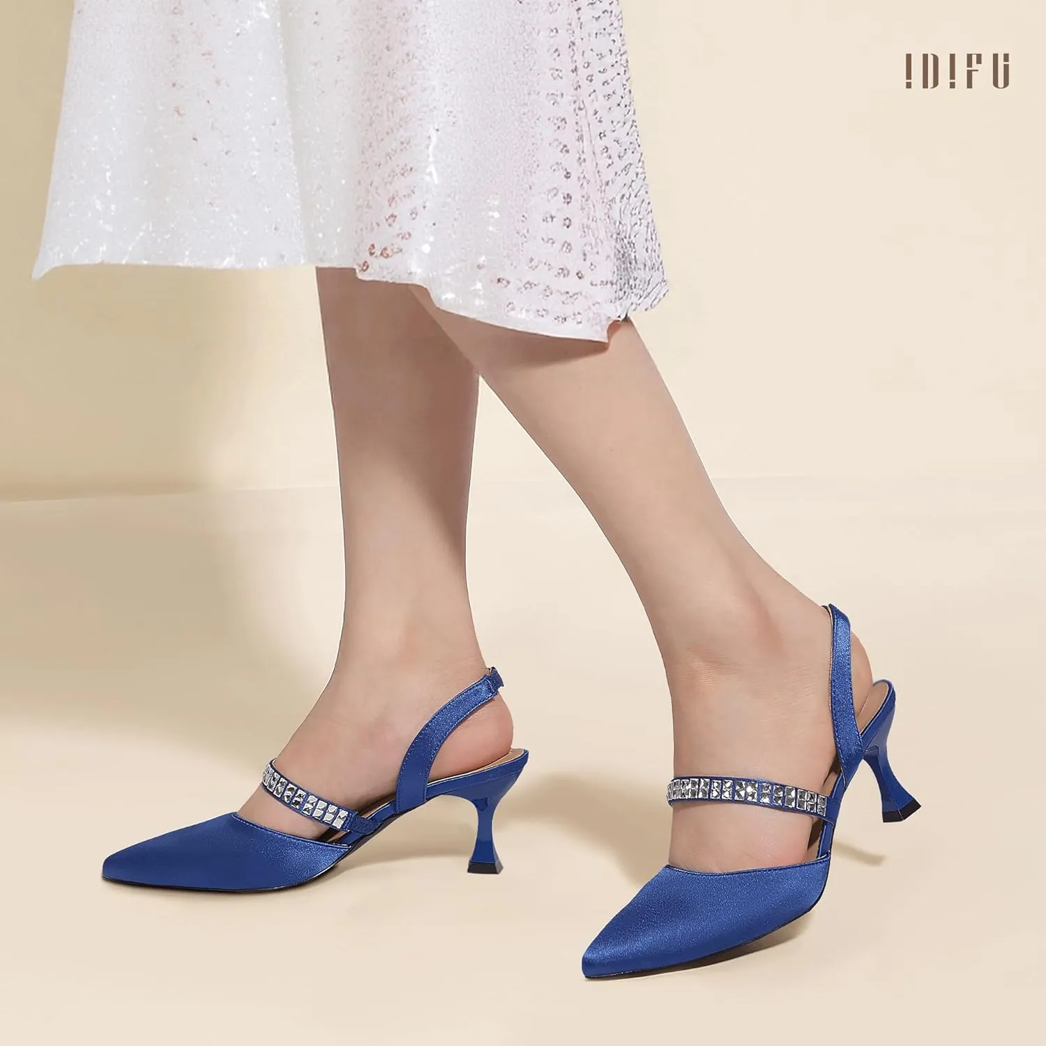 IDIFU IN3 Rhinestone Kitten Heels Closed Pointed Toe Low Strappy Dress Shoes for Women Bride Wedding Bridal Prom Heels Cute Trendy Dressy Short Slingback Pumps