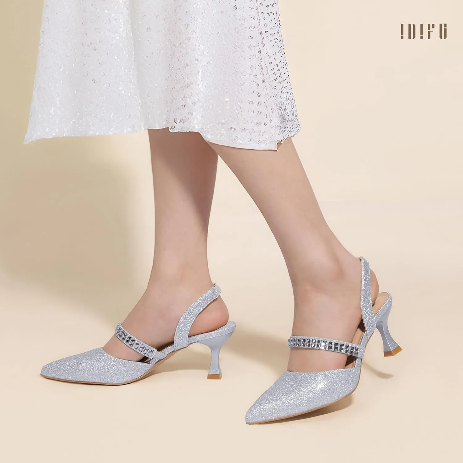 IDIFU IN3 Rhinestone Kitten Heels Closed Pointed Toe Low Strappy Dress Shoes for Women Bride Wedding Bridal Prom Heels Cute Trendy Dressy Short Slingback Pumps