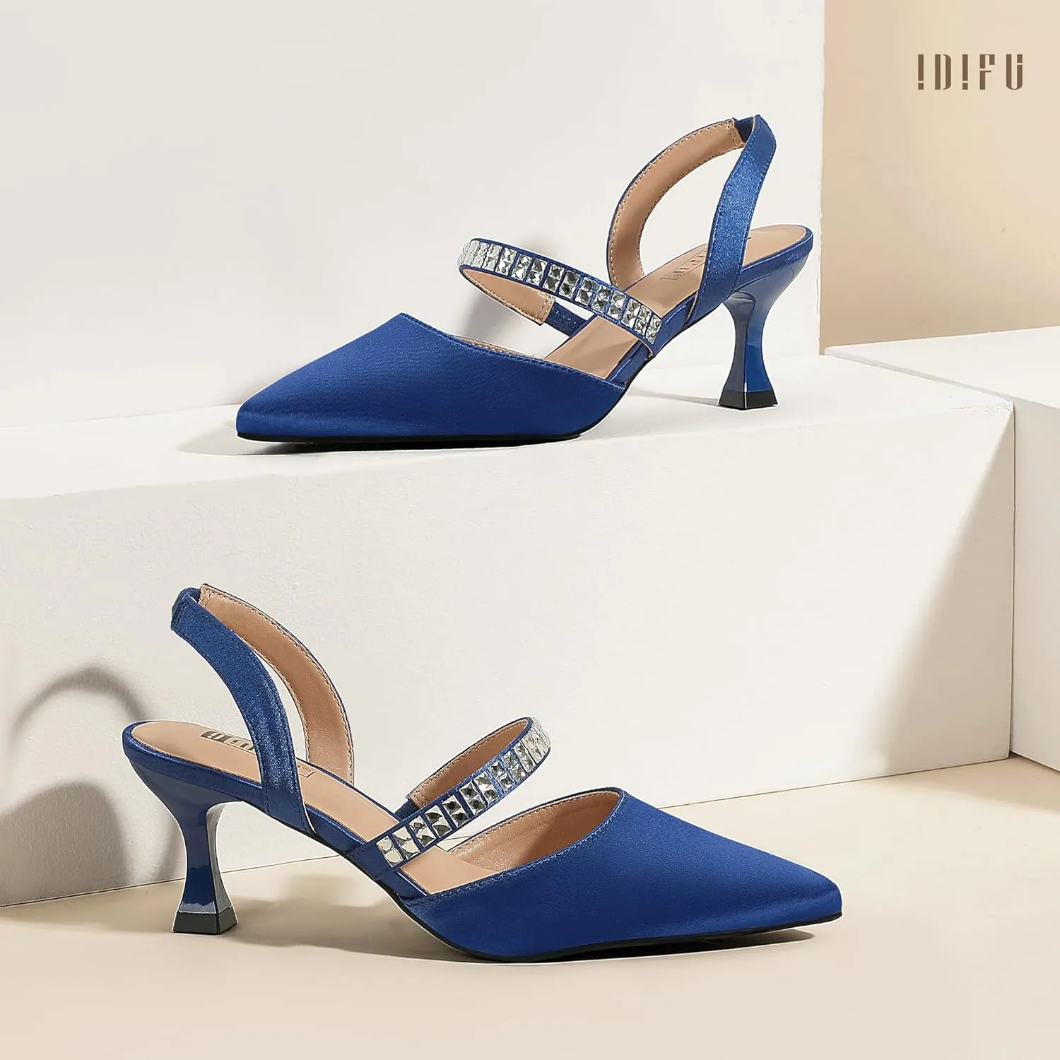 IDIFU IN3 Rhinestone Kitten Heels Closed Pointed Toe Low Strappy Dress Shoes for Women Bride Wedding Bridal Prom Heels Cute Trendy Dressy Short Slingback Pumps