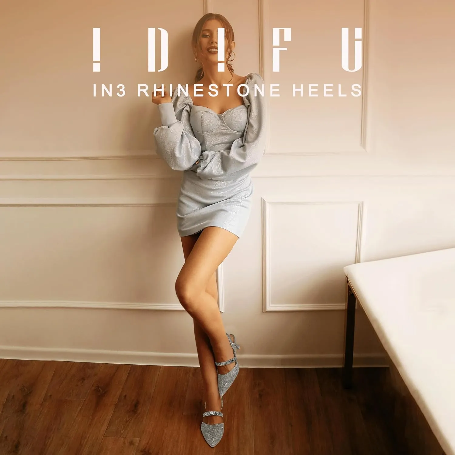 IDIFU IN3 Rhinestone Kitten Heels Closed Pointed Toe Low Strappy Dress Shoes for Women Bride Wedding Bridal Prom Heels Cute Trendy Dressy Short Slingback Pumps