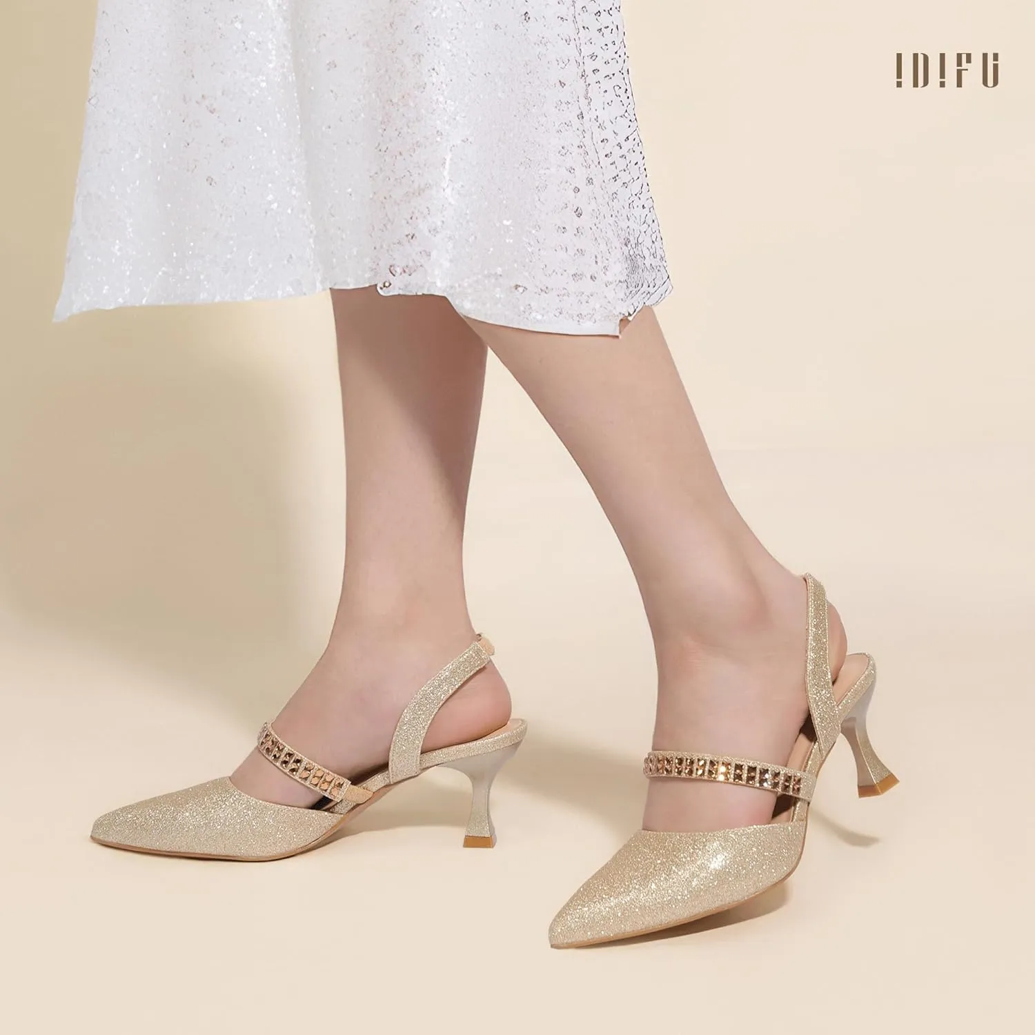 IDIFU IN3 Rhinestone Kitten Heels Closed Pointed Toe Low Strappy Dress Shoes for Women Bride Wedding Bridal Prom Heels Cute Trendy Dressy Short Slingback Pumps