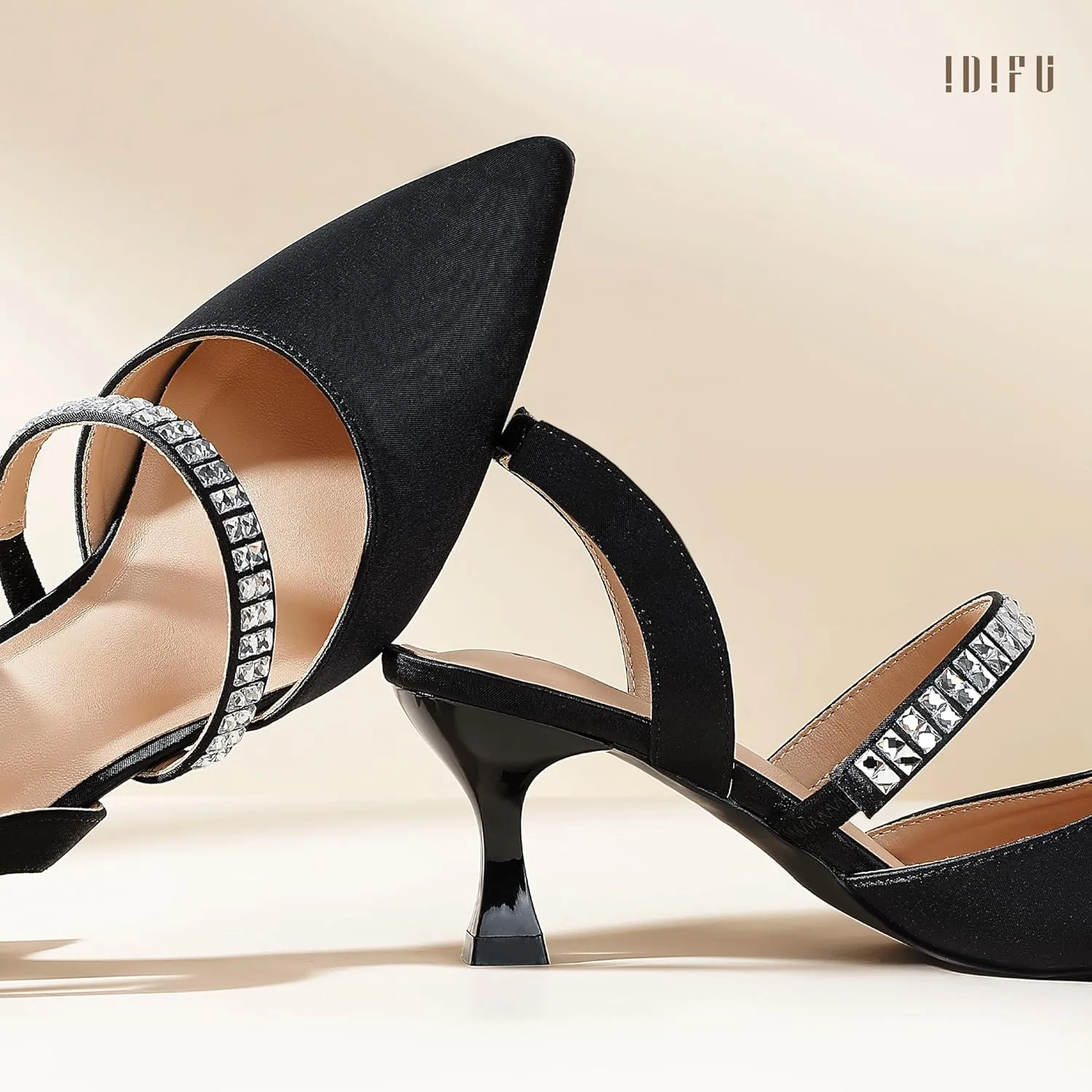 IDIFU IN3 Rhinestone Kitten Heels Closed Pointed Toe Low Strappy Dress Shoes for Women Bride Wedding Bridal Prom Heels Cute Trendy Dressy Short Slingback Pumps