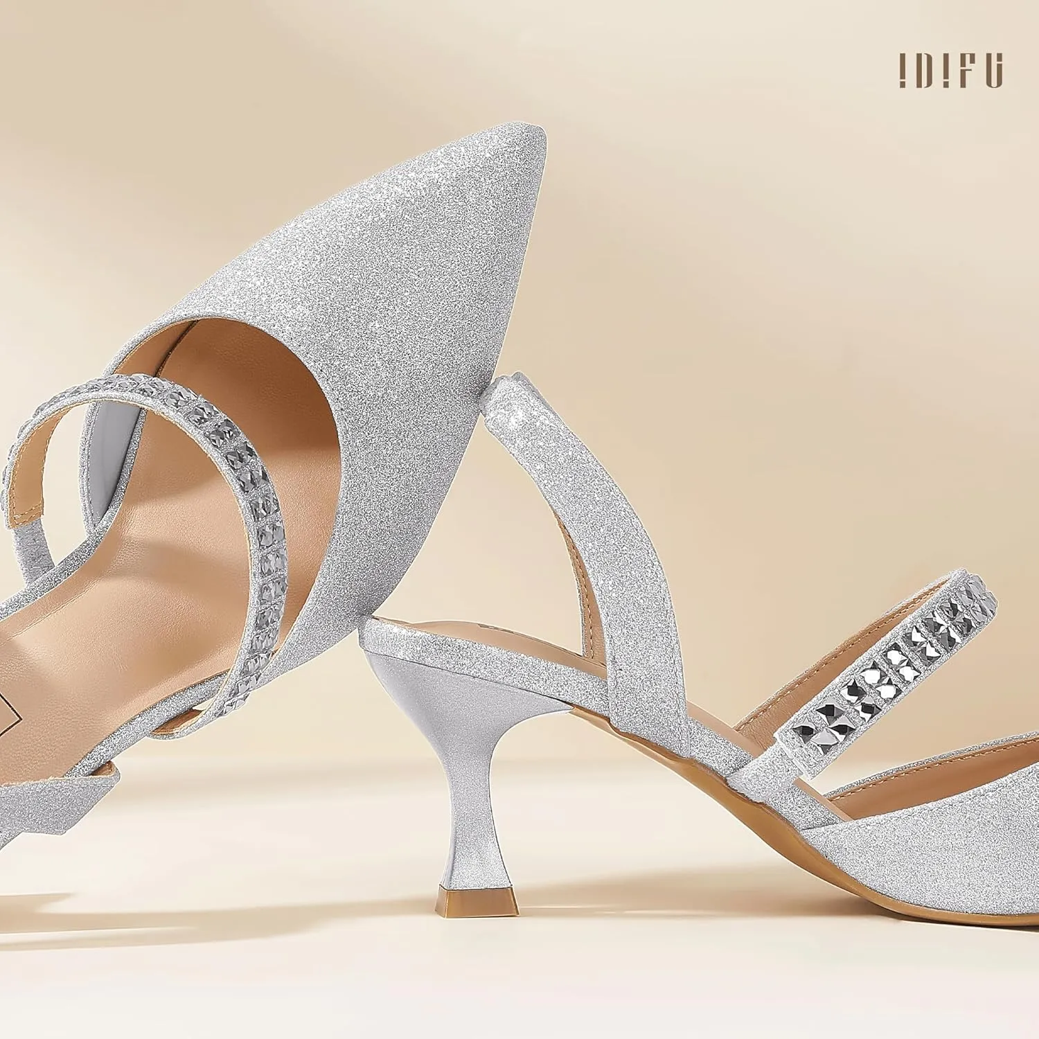 IDIFU IN3 Rhinestone Kitten Heels Closed Pointed Toe Low Strappy Dress Shoes for Women Bride Wedding Bridal Prom Heels Cute Trendy Dressy Short Slingback Pumps