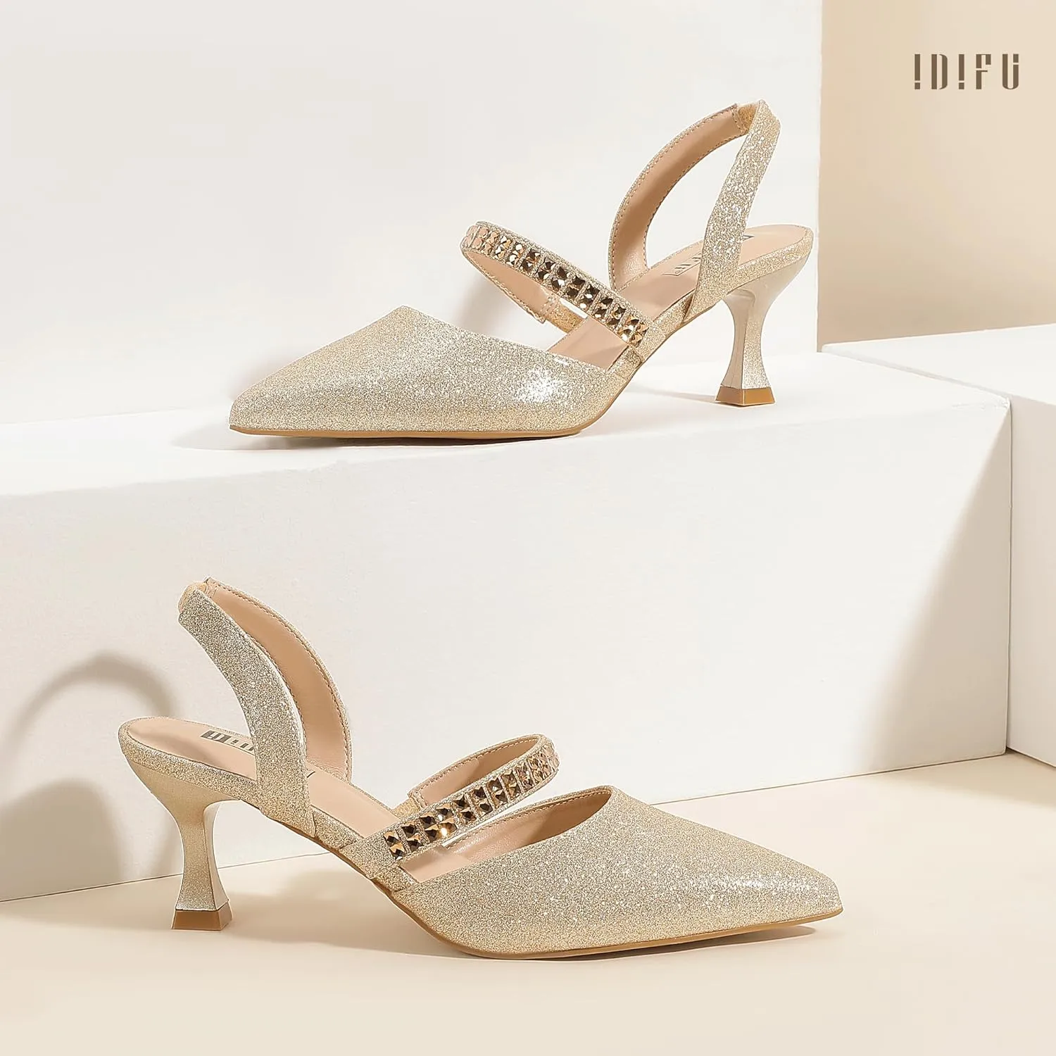 IDIFU IN3 Rhinestone Kitten Heels Closed Pointed Toe Low Strappy Dress Shoes for Women Bride Wedding Bridal Prom Heels Cute Trendy Dressy Short Slingback Pumps