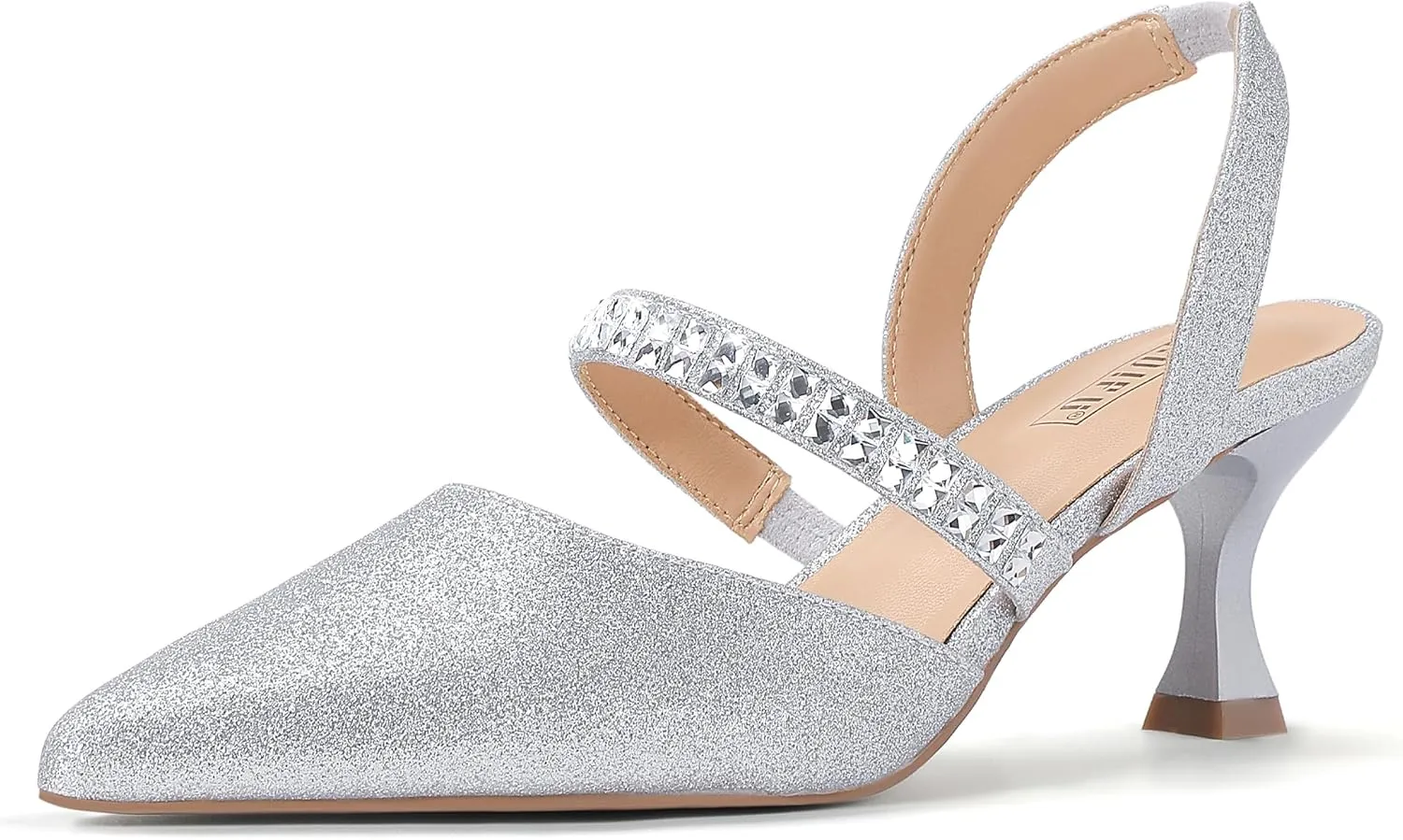 IDIFU IN3 Rhinestone Kitten Heels Closed Pointed Toe Low Strappy Dress Shoes for Women Bride Wedding Bridal Prom Heels Cute Trendy Dressy Short Slingback Pumps