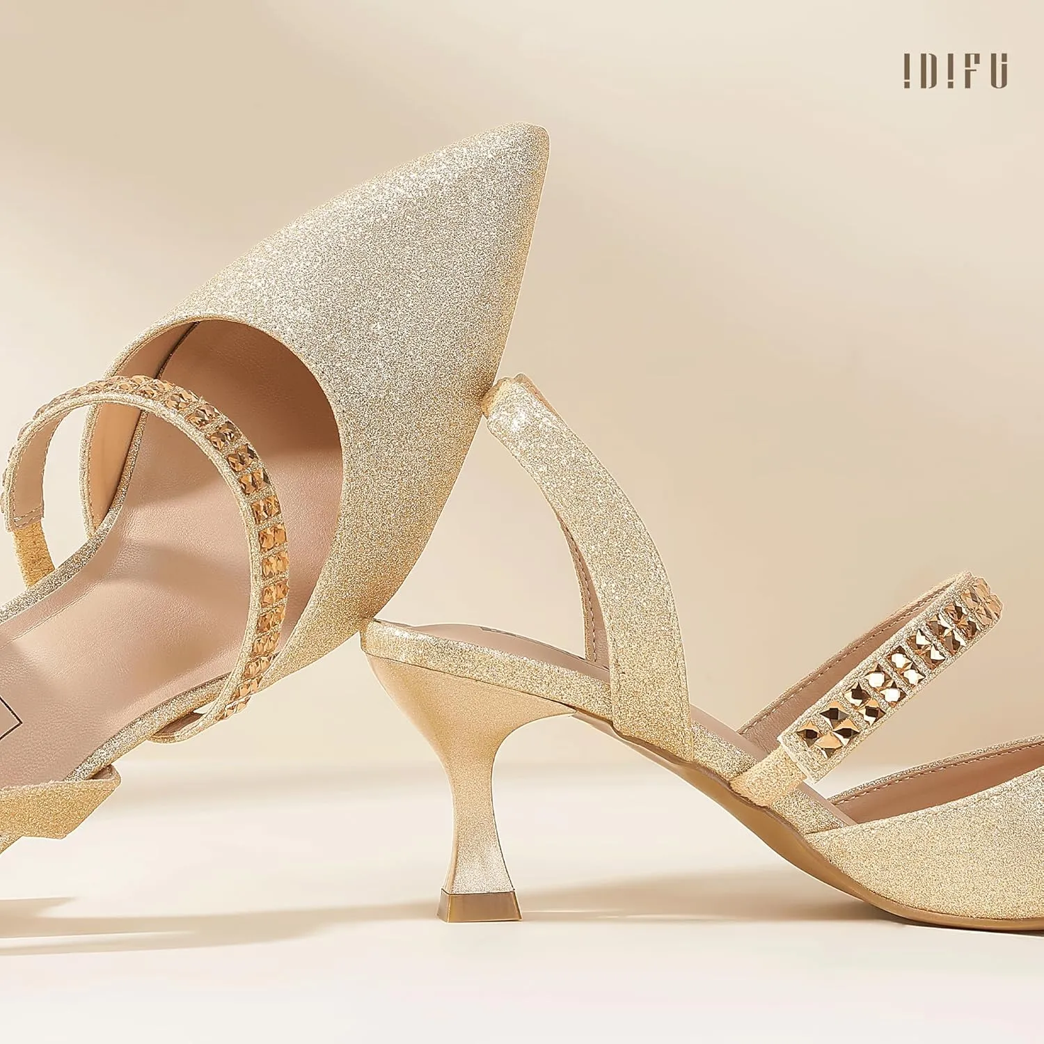IDIFU IN3 Rhinestone Kitten Heels Closed Pointed Toe Low Strappy Dress Shoes for Women Bride Wedding Bridal Prom Heels Cute Trendy Dressy Short Slingback Pumps