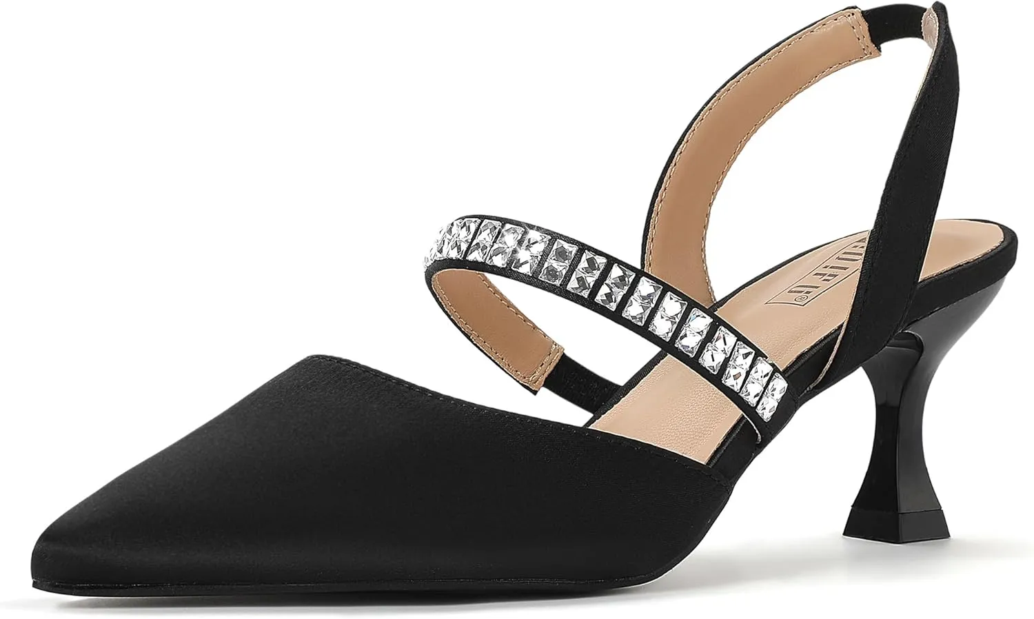 IDIFU IN3 Rhinestone Kitten Heels Closed Pointed Toe Low Strappy Dress Shoes for Women Bride Wedding Bridal Prom Heels Cute Trendy Dressy Short Slingback Pumps