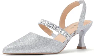 IDIFU IN3 Rhinestone Kitten Heels Closed Pointed Toe Low Strappy Dress Shoes for Women Bride Wedding Bridal Prom Heels Cute Trendy Dressy Short Slingback Pumps