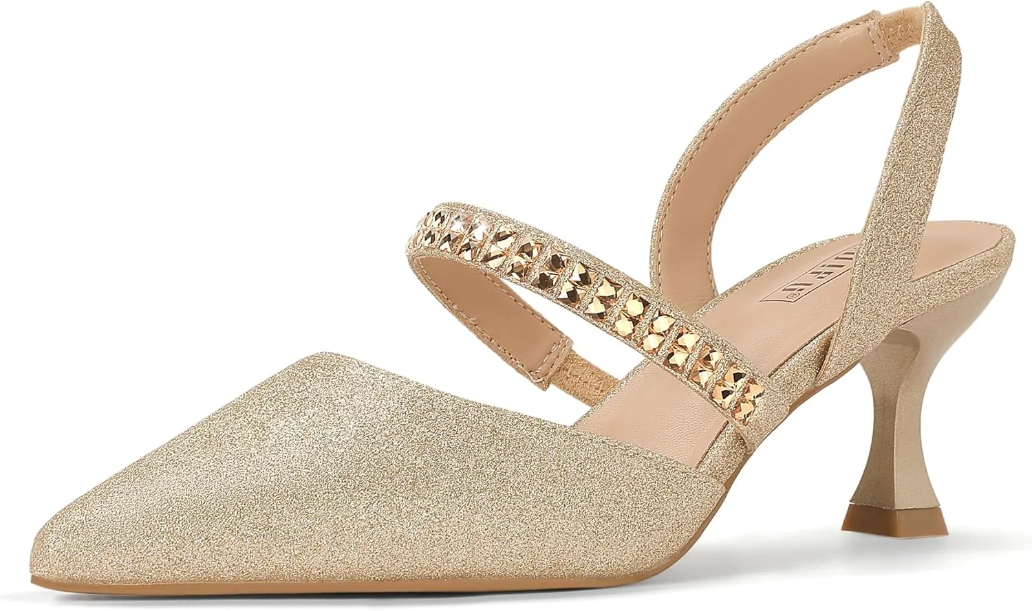 IDIFU IN3 Rhinestone Kitten Heels Closed Pointed Toe Low Strappy Dress Shoes for Women Bride Wedding Bridal Prom Heels Cute Trendy Dressy Short Slingback Pumps