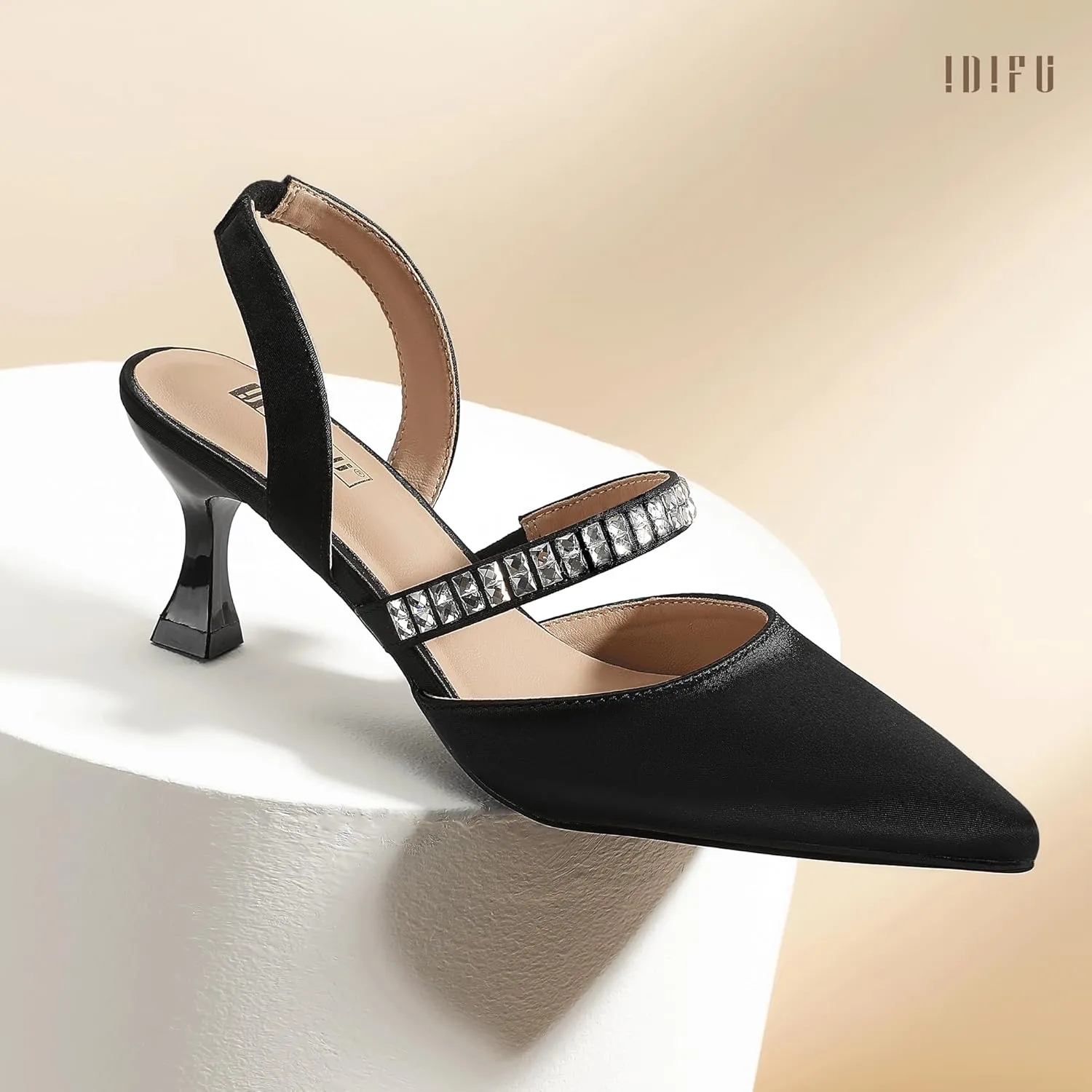 IDIFU IN3 Rhinestone Kitten Heels Closed Pointed Toe Low Strappy Dress Shoes for Women Bride Wedding Bridal Prom Heels Cute Trendy Dressy Short Slingback Pumps