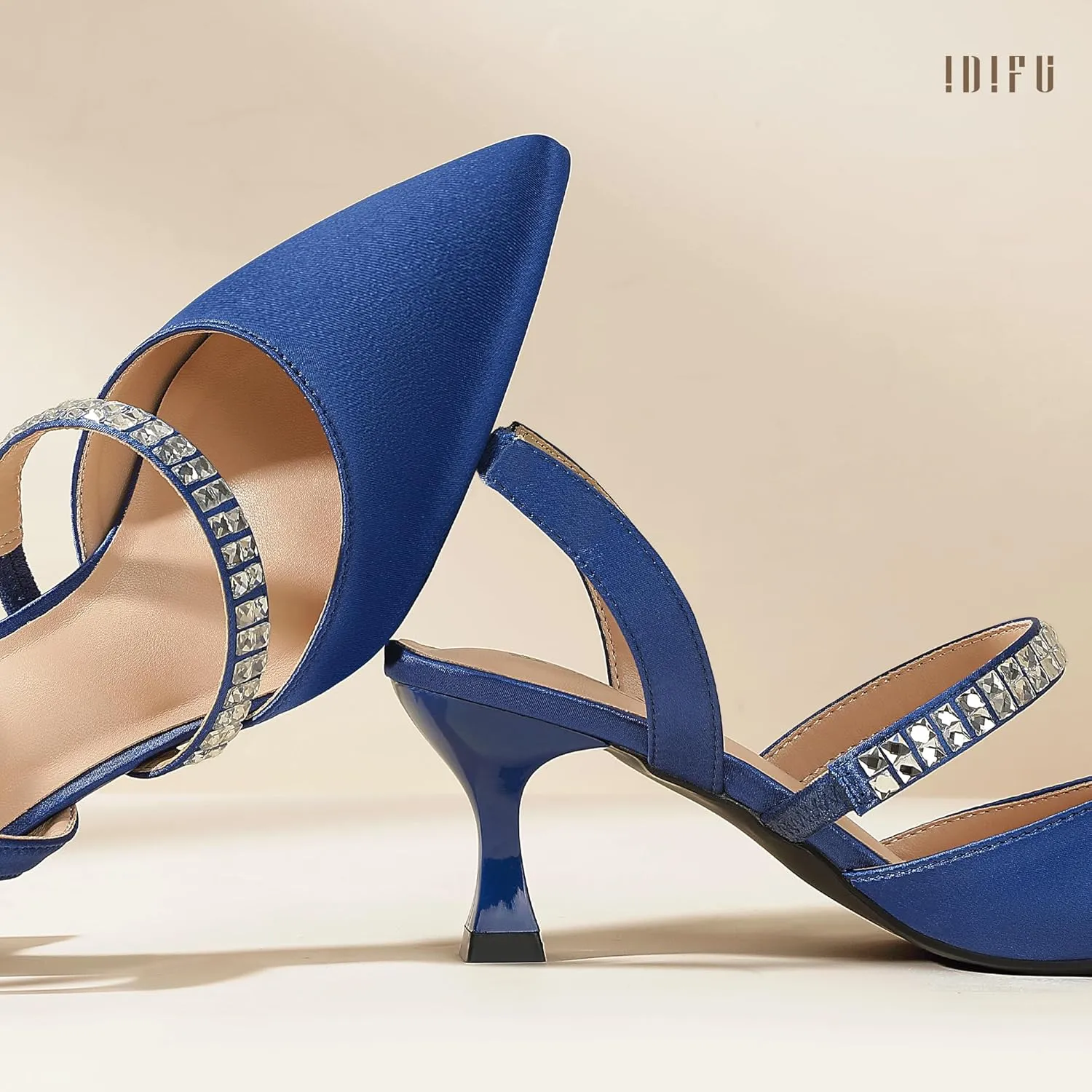 IDIFU IN3 Rhinestone Kitten Heels Closed Pointed Toe Low Strappy Dress Shoes for Women Bride Wedding Bridal Prom Heels Cute Trendy Dressy Short Slingback Pumps