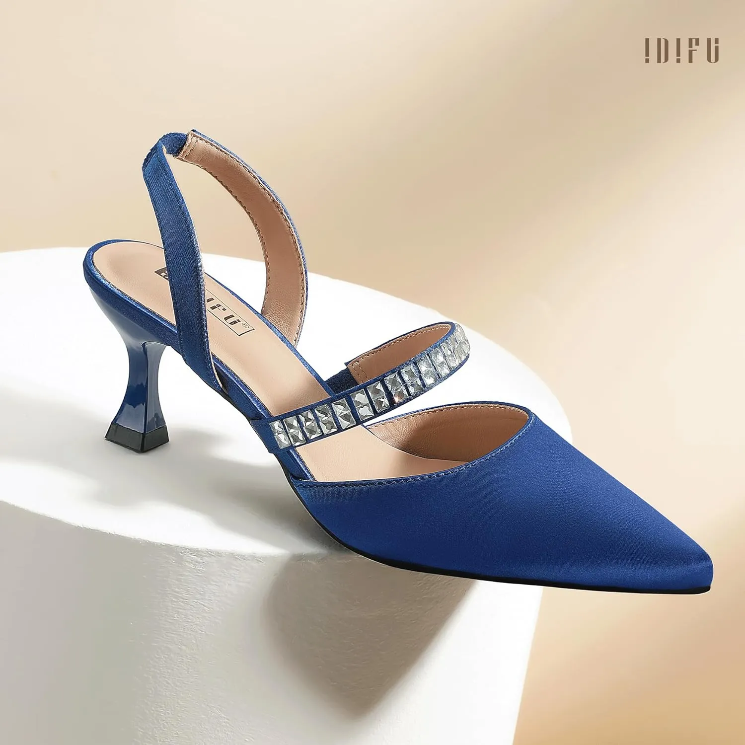 IDIFU IN3 Rhinestone Kitten Heels Closed Pointed Toe Low Strappy Dress Shoes for Women Bride Wedding Bridal Prom Heels Cute Trendy Dressy Short Slingback Pumps