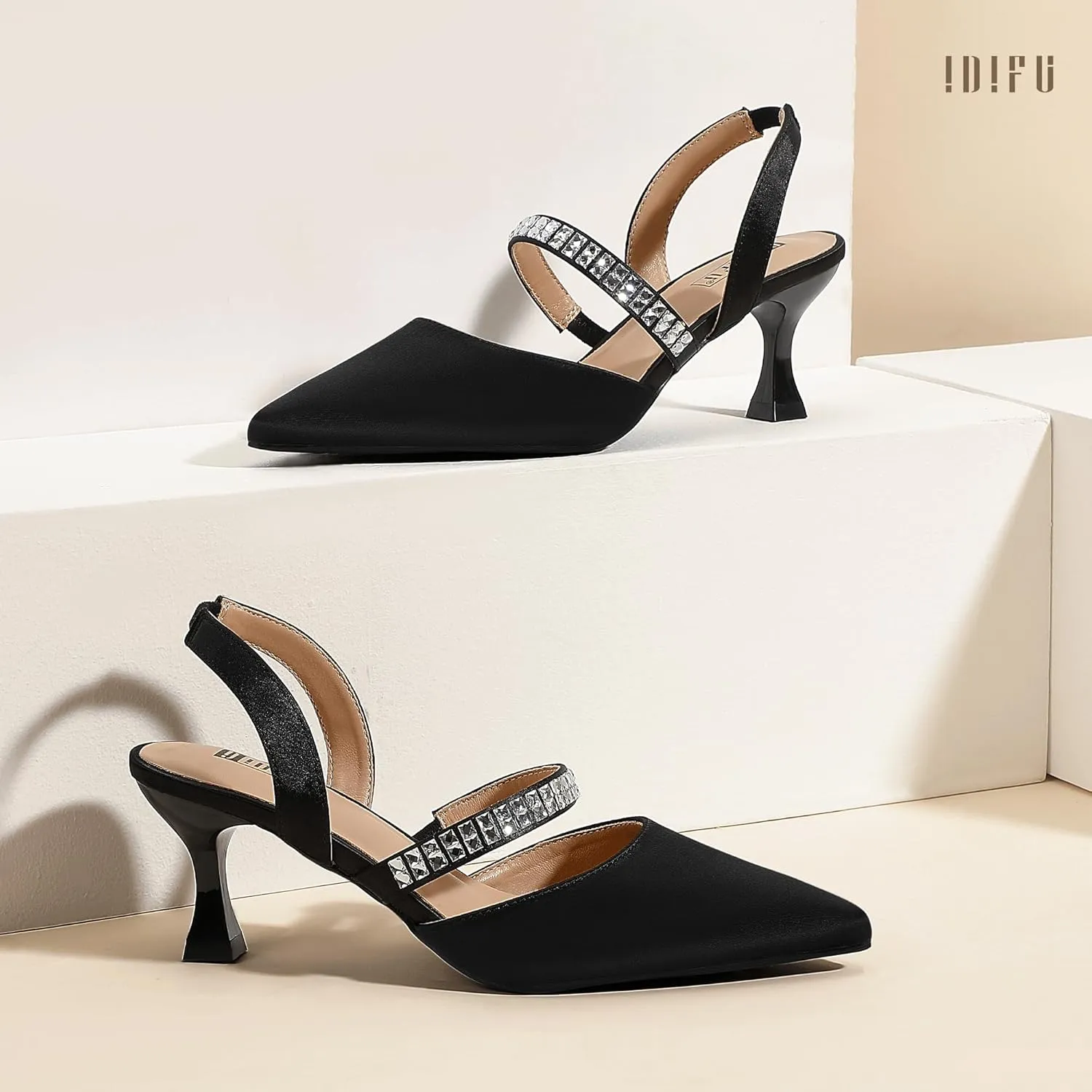 IDIFU IN3 Rhinestone Kitten Heels Closed Pointed Toe Low Strappy Dress Shoes for Women Bride Wedding Bridal Prom Heels Cute Trendy Dressy Short Slingback Pumps