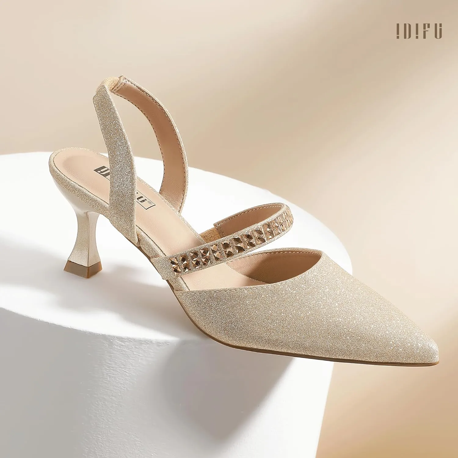 IDIFU IN3 Rhinestone Kitten Heels Closed Pointed Toe Low Strappy Dress Shoes for Women Bride Wedding Bridal Prom Heels Cute Trendy Dressy Short Slingback Pumps