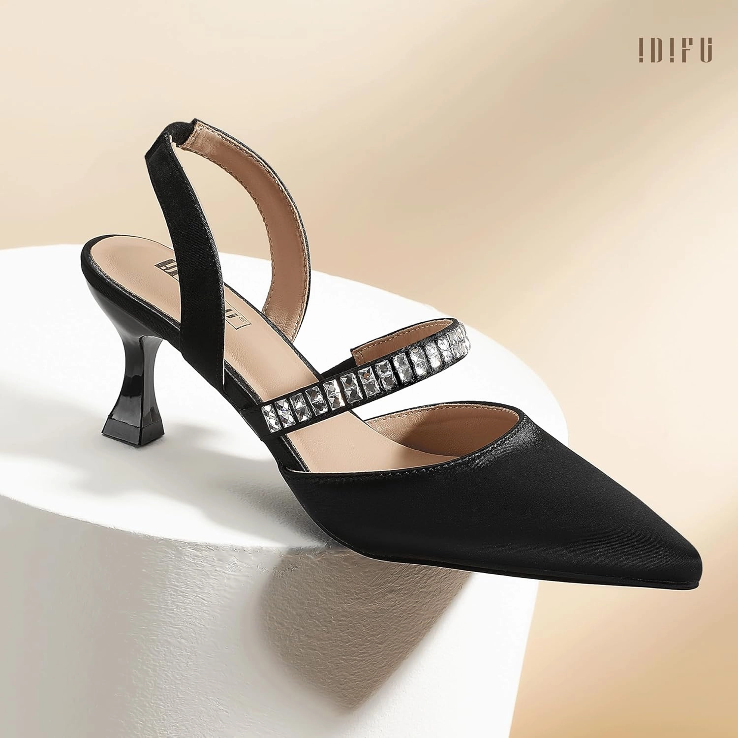 IDIFU IN3 Rhinestone Kitten Heels Closed Pointed Toe Low Strappy Dress Shoes for Women Bride Wedding Bridal Prom Heels Cute Trendy Dressy Short Slingback Pumps