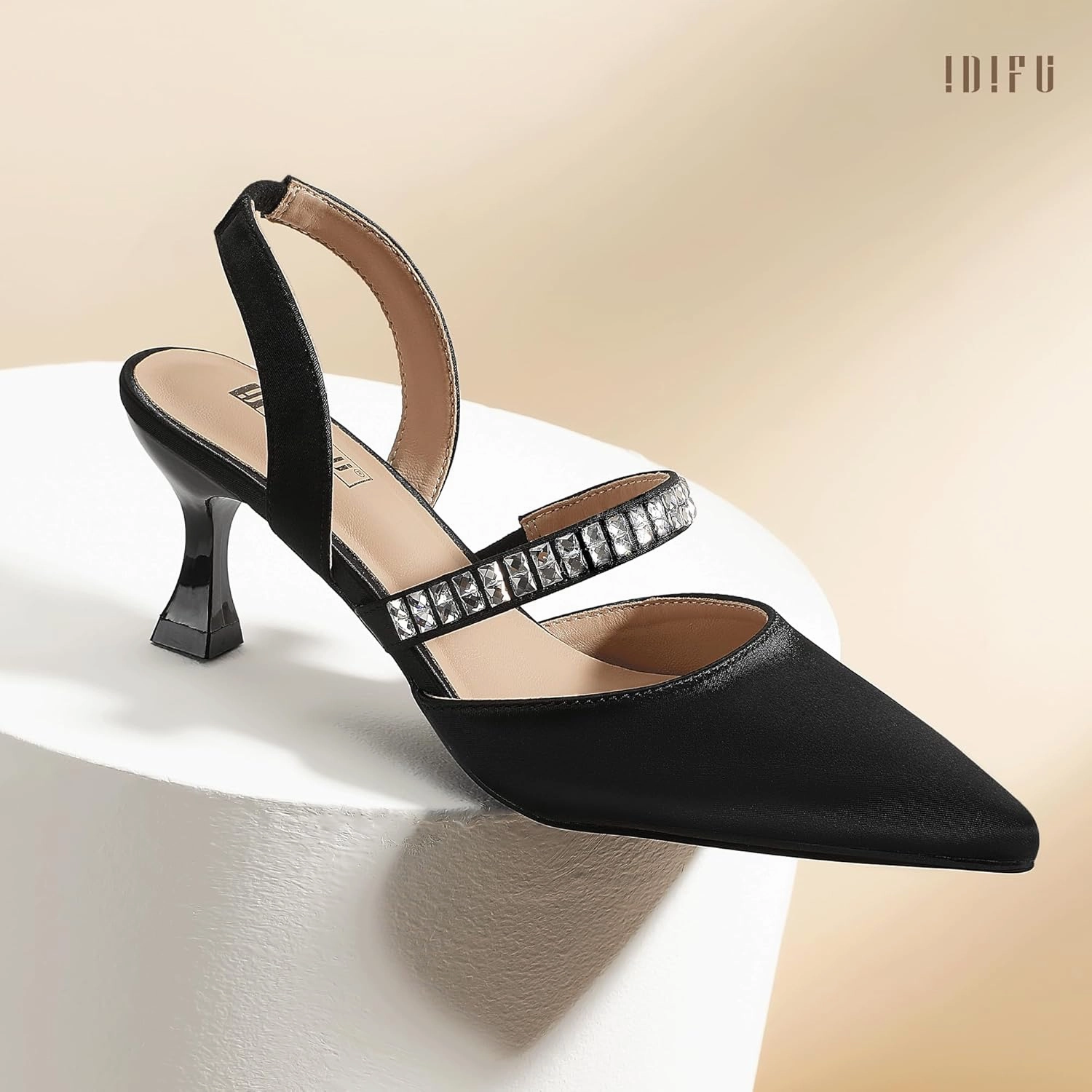 IDIFU IN3 Rhinestone Kitten Heels Closed Pointed Toe Low Strappy Dress Shoes for Women Bride Wedding Bridal Prom Heels Cute Trendy Dressy Short Slingback Pumps