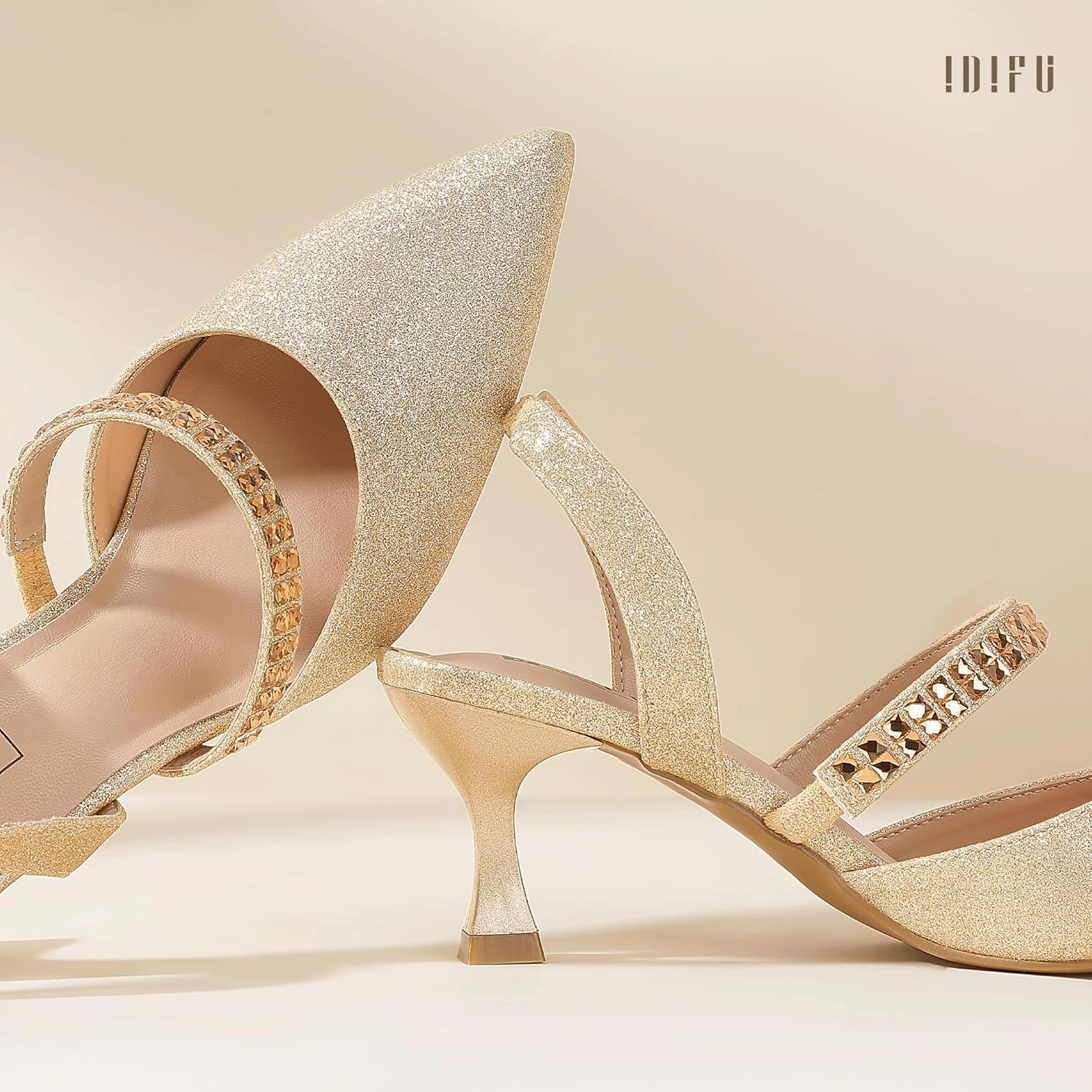 IDIFU IN3 Rhinestone Kitten Heels Closed Pointed Toe Low Strappy Dress Shoes for Women Bride Wedding Bridal Prom Heels Cute Trendy Dressy Short Slingback Pumps
