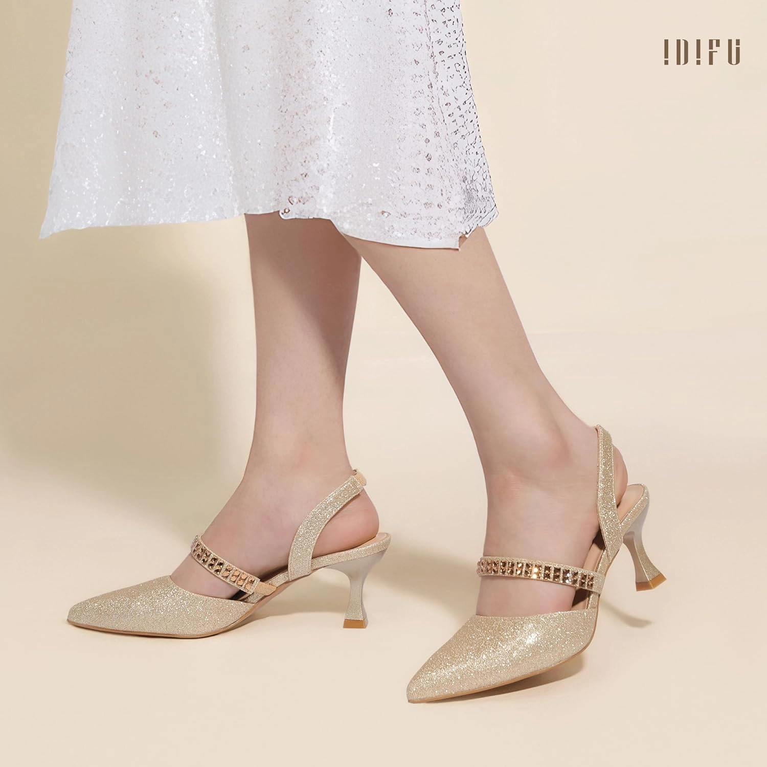 IDIFU IN3 Rhinestone Kitten Heels Closed Pointed Toe Low Strappy Dress Shoes for Women Bride Wedding Bridal Prom Heels Cute Trendy Dressy Short Slingback Pumps