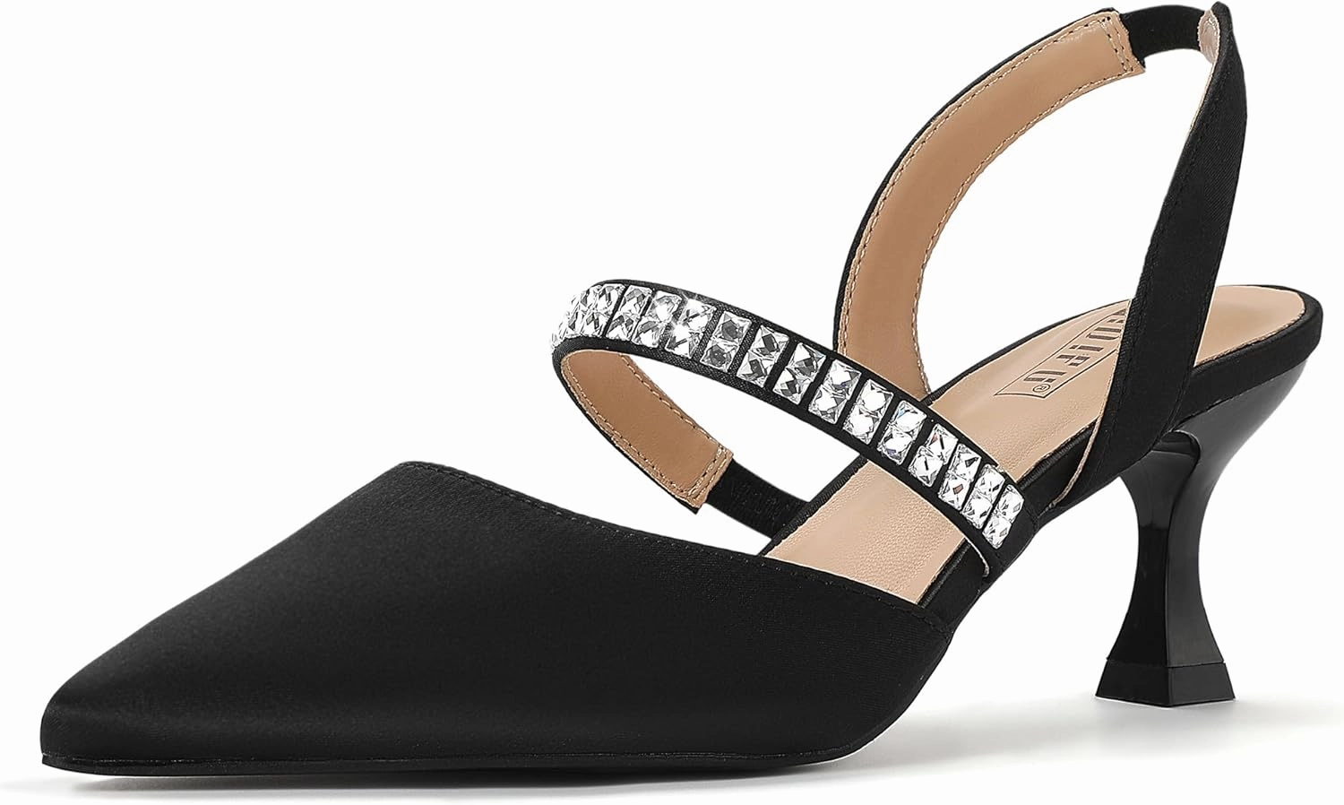 IDIFU IN3 Rhinestone Kitten Heels Closed Pointed Toe Low Strappy Dress Shoes for Women Bride Wedding Bridal Prom Heels Cute Trendy Dressy Short Slingback Pumps