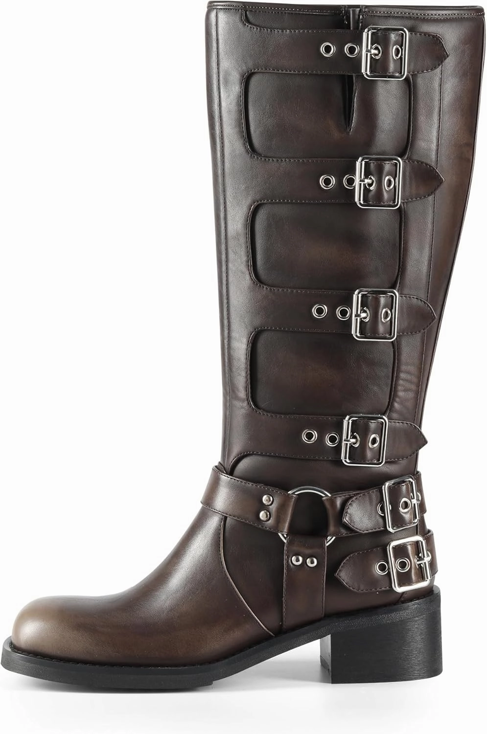 iiimmu Women's Mid Calf Boots 14" Shaft Height Buckle Strap Gothic Motorcycle Boots Retro Punk Style Combat Riding Boot