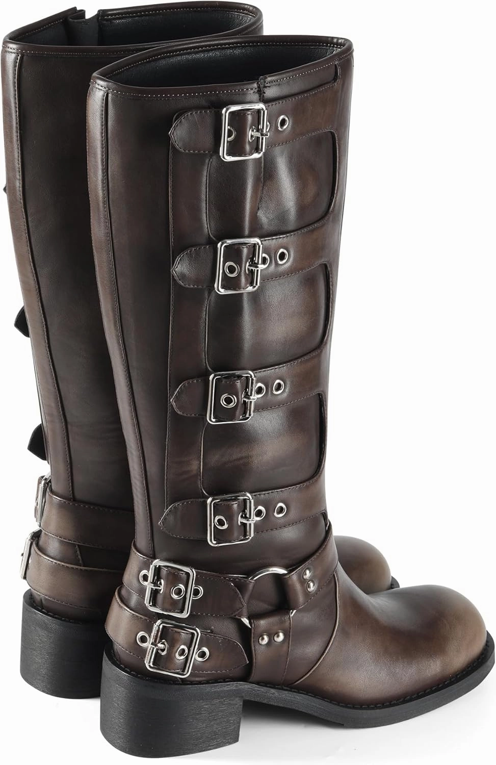 iiimmu Women's Mid Calf Boots 14" Shaft Height Buckle Strap Gothic Motorcycle Boots Retro Punk Style Combat Riding Boot