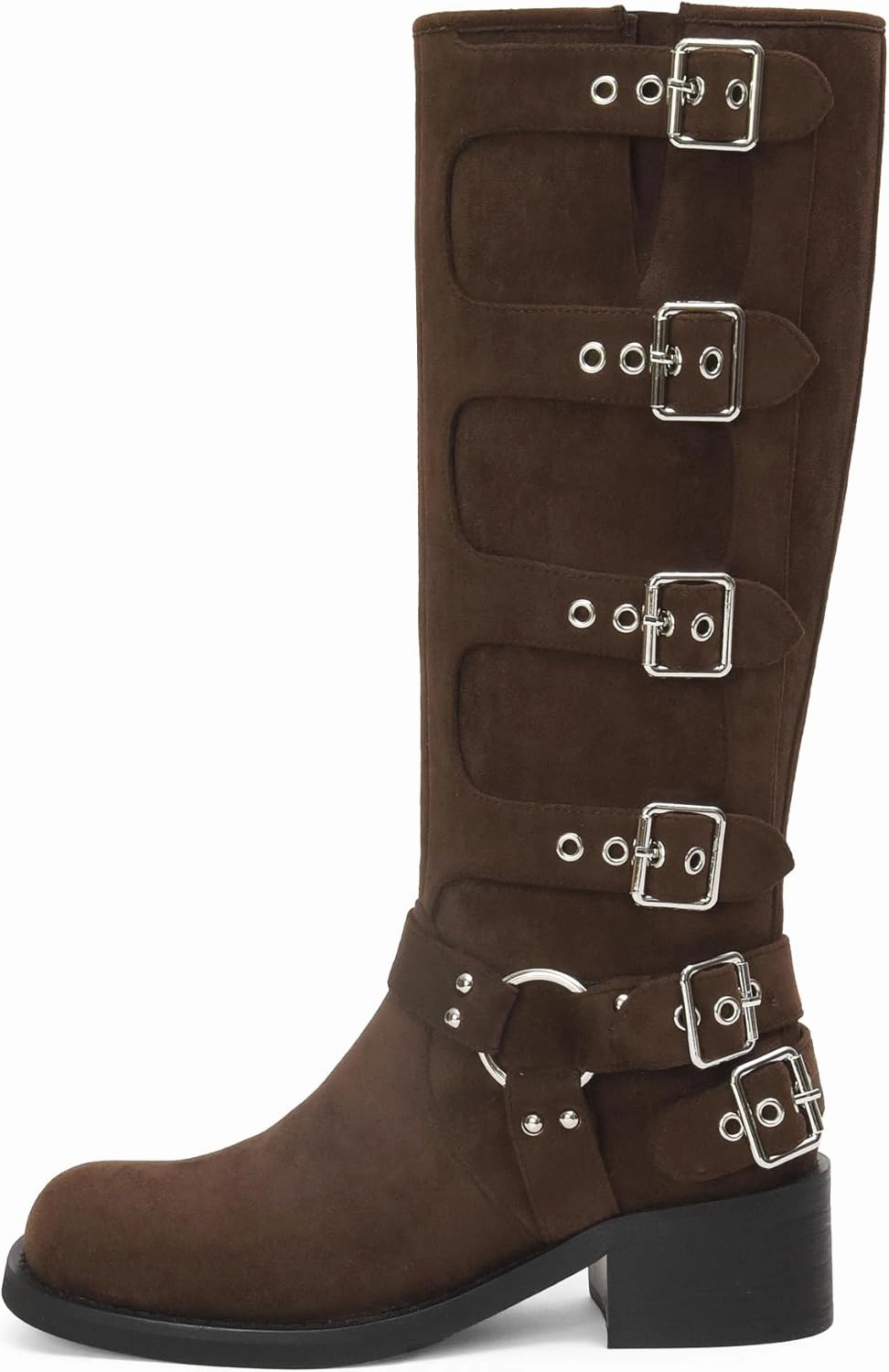 iiimmu Women's Mid Calf Boots 14" Shaft Height Buckle Strap Gothic Motorcycle Boots Retro Punk Style Combat Riding Boot