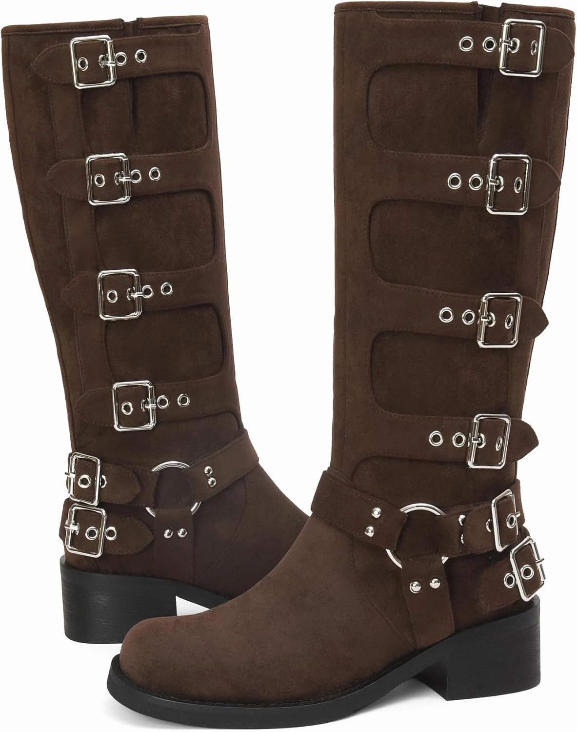 iiimmu Women's Mid Calf Boots 14" Shaft Height Buckle Strap Gothic Motorcycle Boots Retro Punk Style Combat Riding Boot