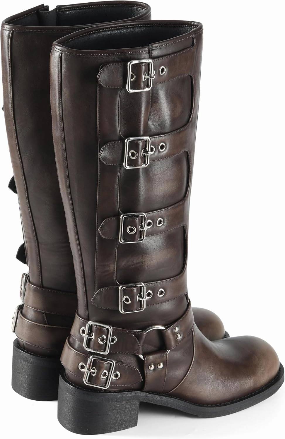 iiimmu Women's Mid Calf Boots 14" Shaft Height Buckle Strap Gothic Motorcycle Boots Retro Punk Style Combat Riding Boot