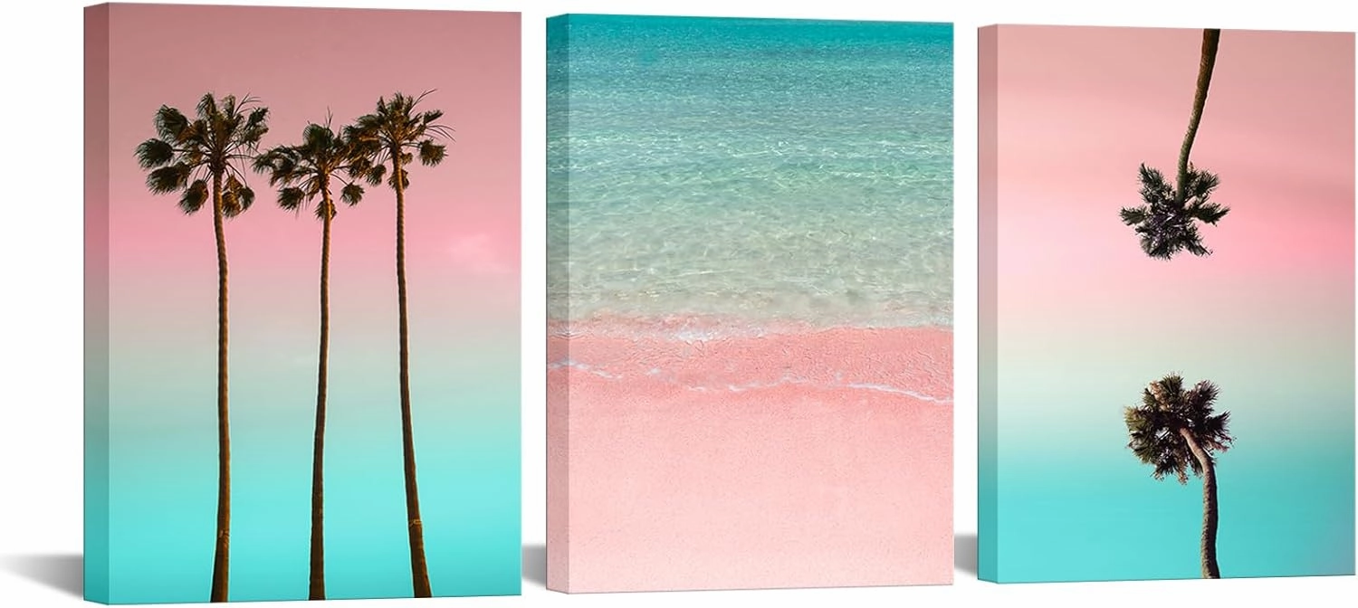 iKNOW FOTO 3 Piece Framed Canvas Wall Art - Palm Tree on Pink Beach Picture Giclee Prints, 12x16'' Each, Home Artwork Decoration for Living Room, Bedroom, Ready to Hang