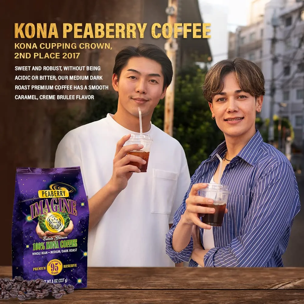 Imagine Kona Peaberry Rare Coffee Beans | Top Grade Air Roasted | Medium Dark Roast - 8 ounce