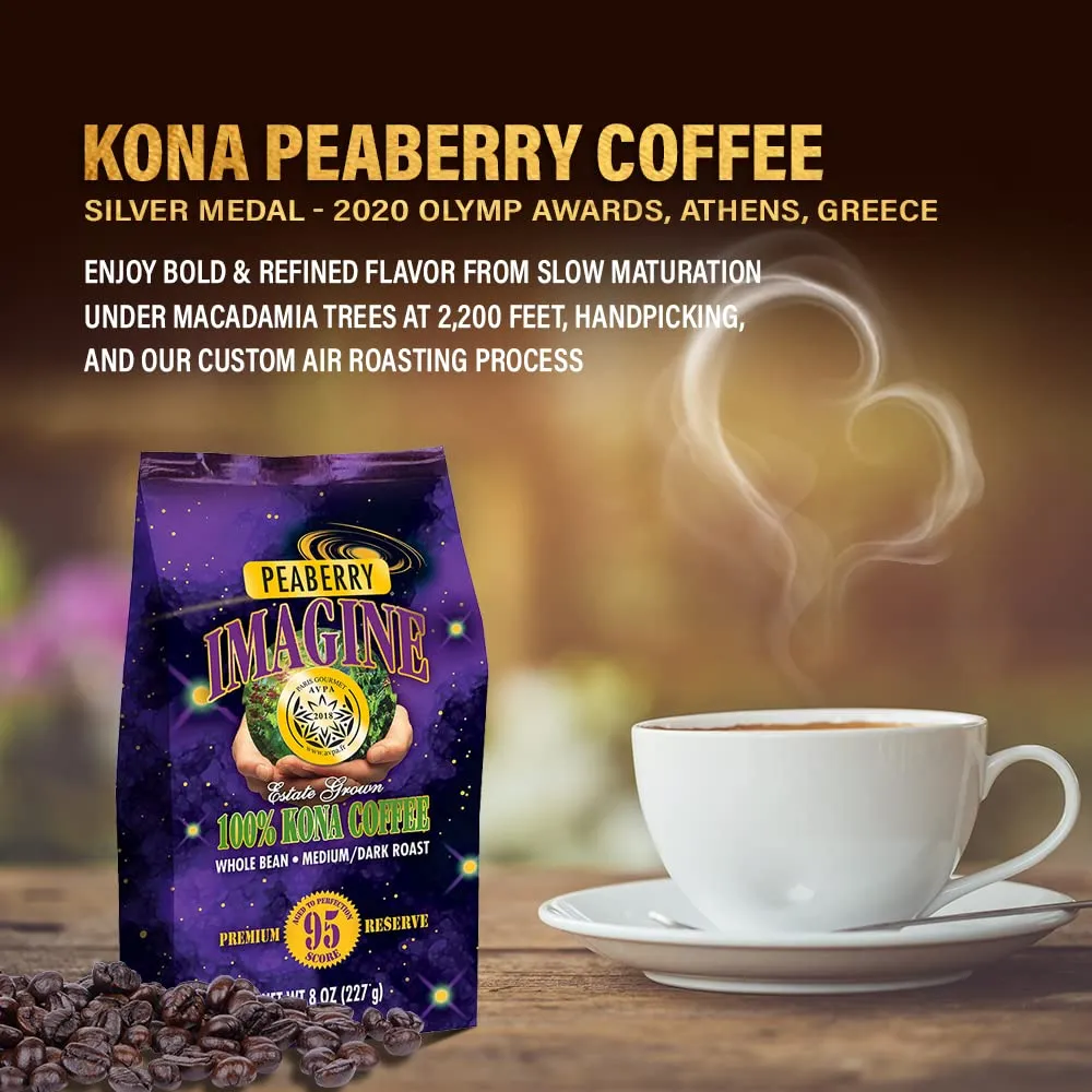 Imagine Kona Peaberry Rare Coffee Beans | Top Grade Air Roasted | Medium Dark Roast - 8 ounce