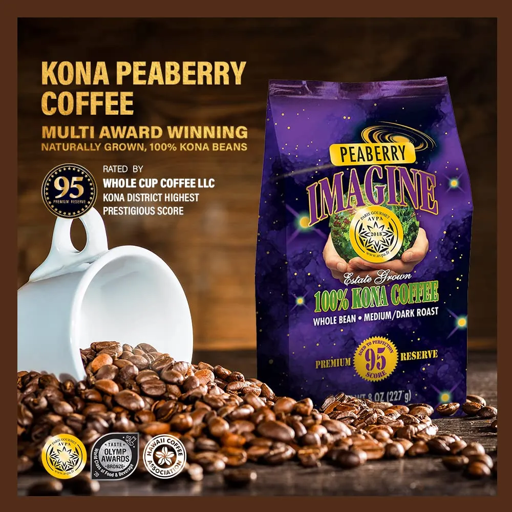 Imagine Kona Peaberry Rare Coffee Beans | Top Grade Air Roasted | Medium Dark Roast - 8 ounce