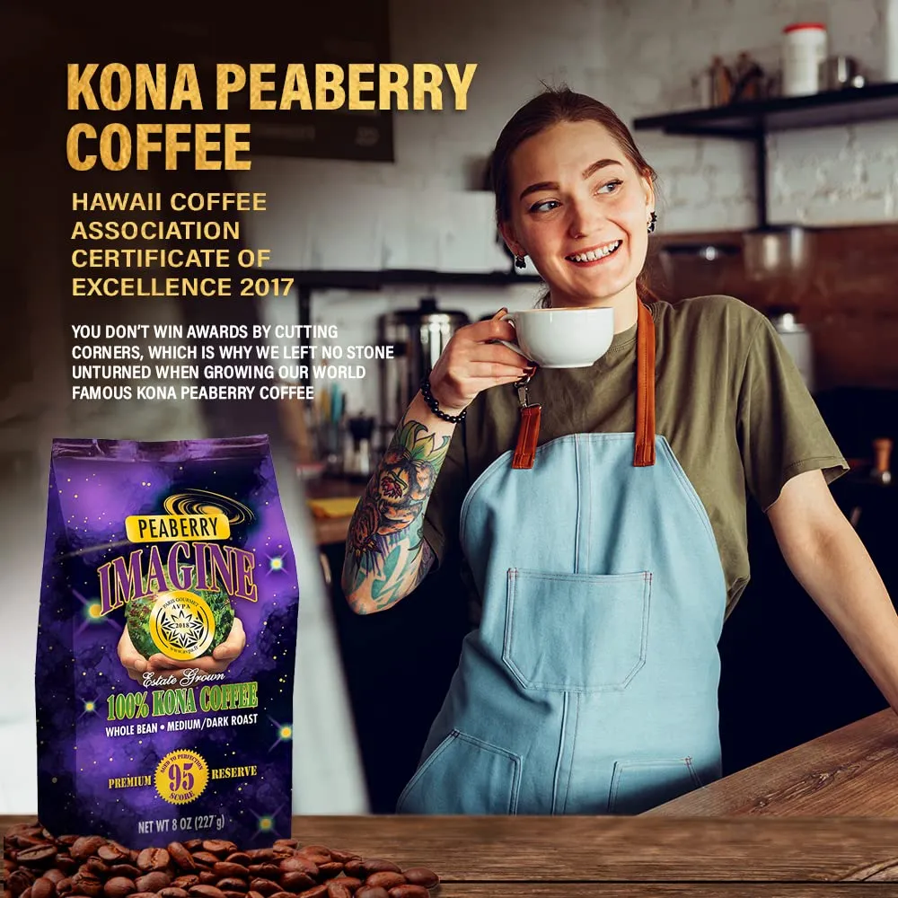 Imagine Kona Peaberry Rare Coffee Beans | Top Grade Air Roasted | Medium Dark Roast - 8 ounce