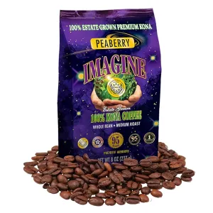Imagine Kona Peaberry Rare Coffee Beans | Top Grade Air Roasted | Medium Dark Roast - 8 ounce