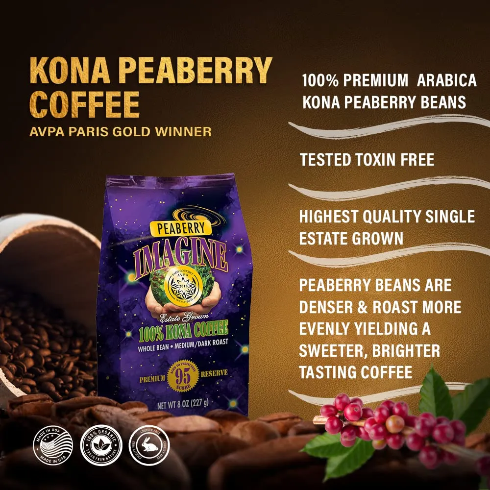 Imagine Kona Peaberry Rare Coffee Beans | Top Grade Air Roasted | Medium Dark Roast - 8 ounce