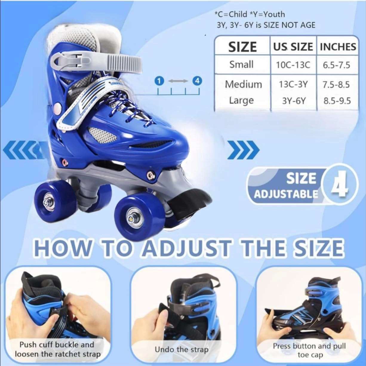 Inline Skates, Red and Blue, Adjustable Size for Boys and Girls.