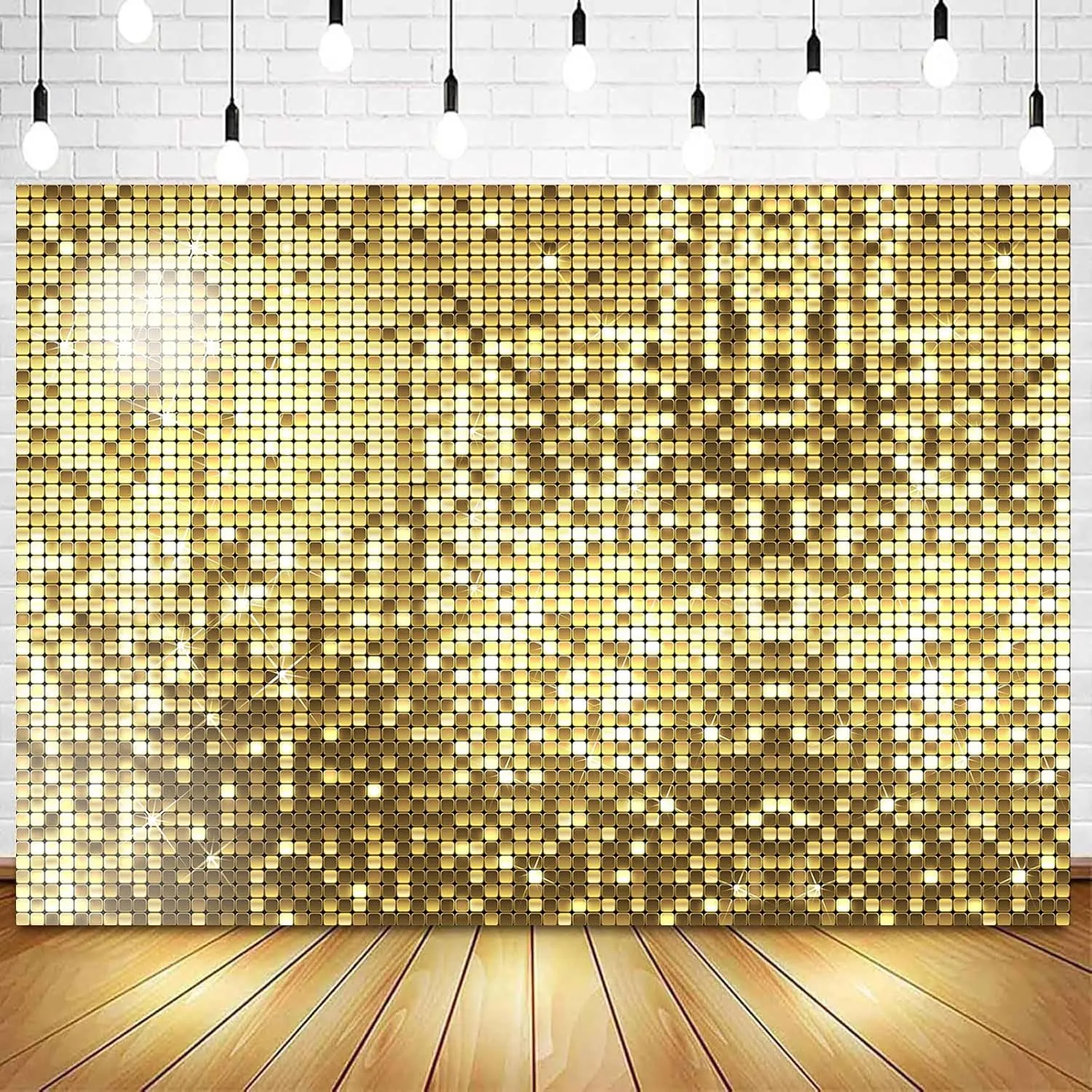 InMemory Gold Neon Flash Square Backdrop Shimmer Wall Shining Sequins Girls Women Birthday Disco Prom Party Decorations Banner Photobooth Studio Props Photography Background 7x5ft