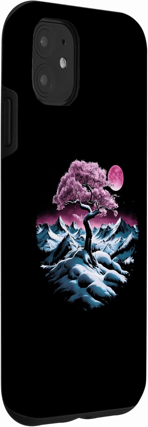 iPhone 11 Majestic Snowy Mountain Range with Mystical Pink Tree Moon Case