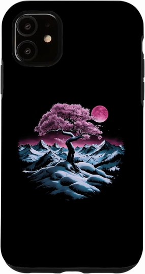 iPhone 11 Majestic Snowy Mountain Range with Mystical Pink Tree Moon Case