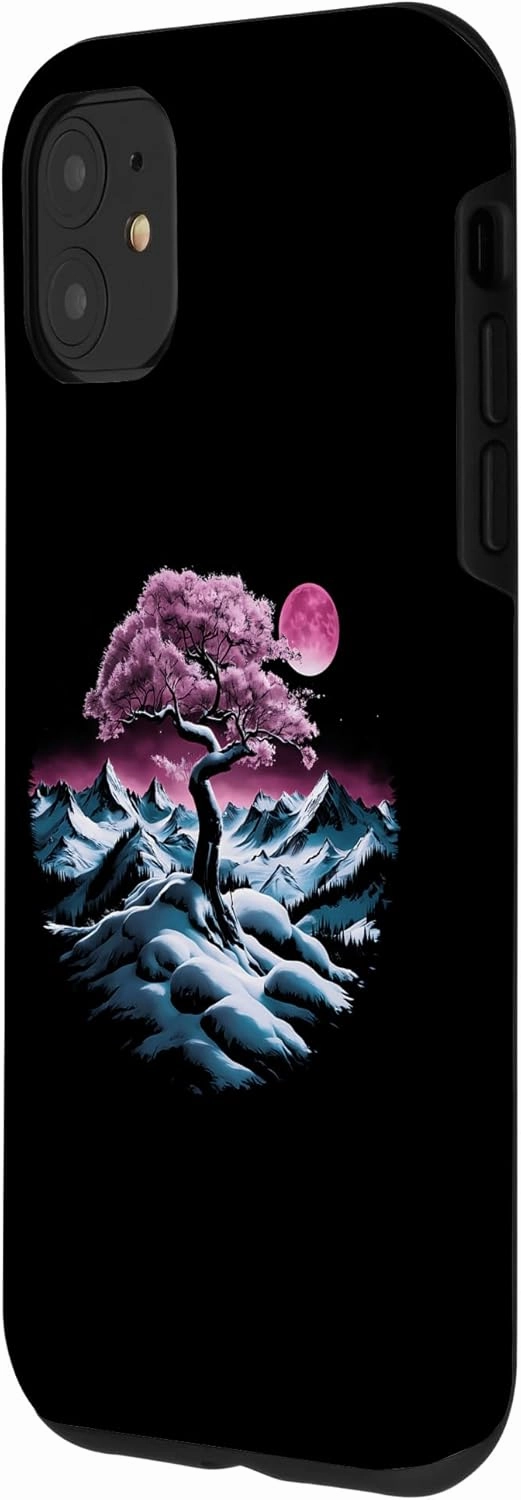 iPhone 11 Majestic Snowy Mountain Range with Mystical Pink Tree Moon Case