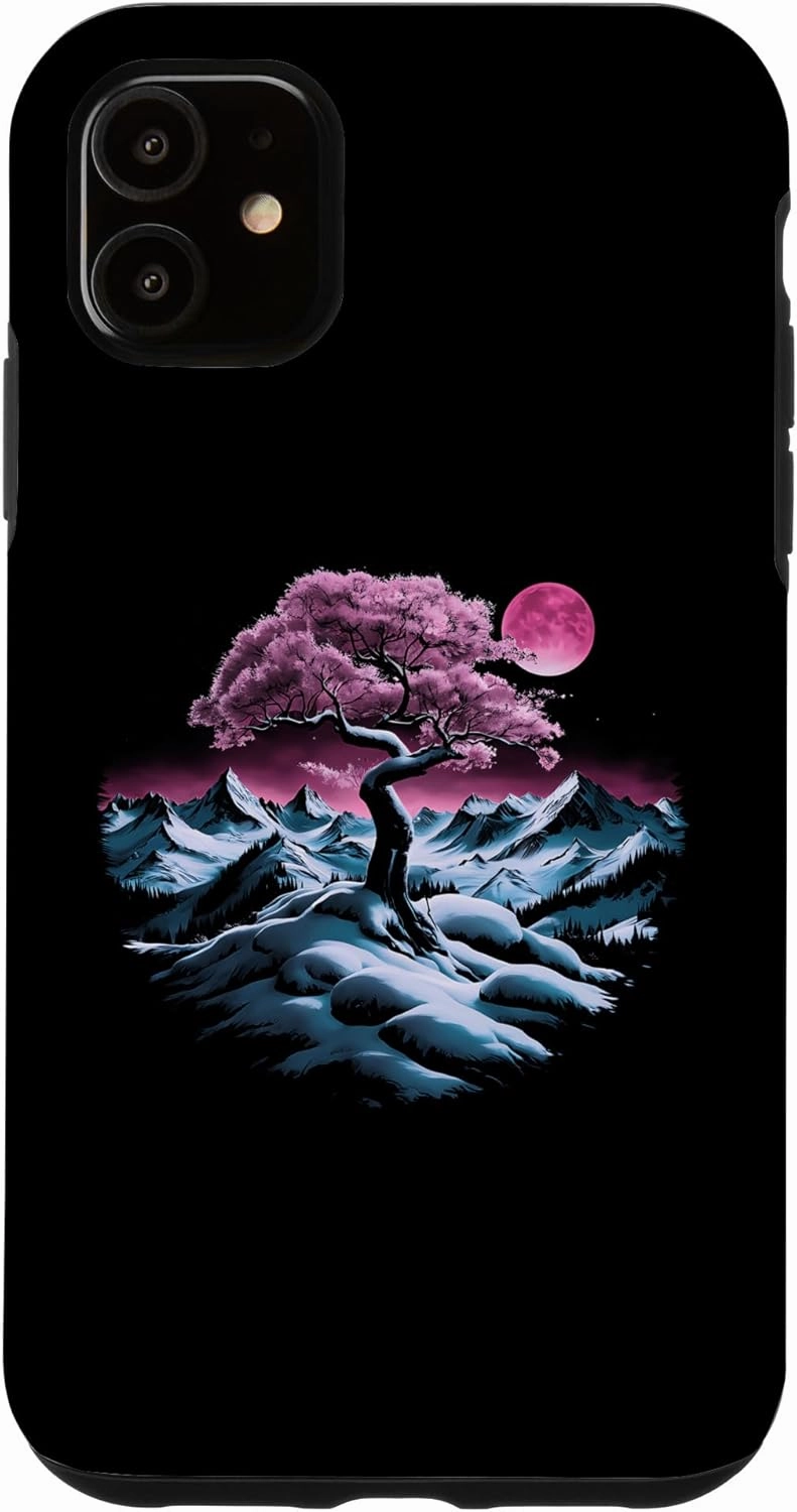 iPhone 11 Majestic Snowy Mountain Range with Mystical Pink Tree Moon Case