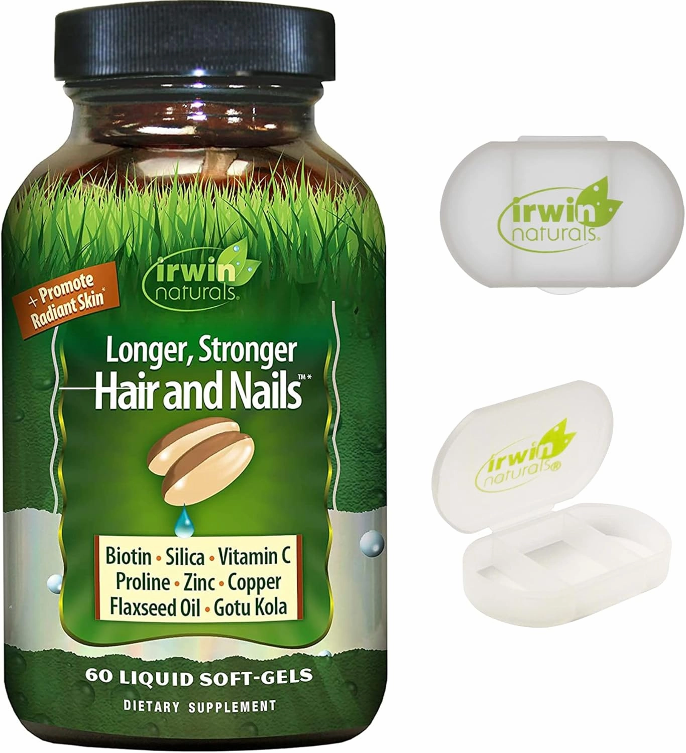 Irwin Naturals Longer, Stronger Hair and Nails - Promotes Vibrant Shine Texture & Strength - 60 Liquid Softgels with Pill Case