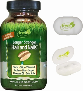 Irwin Naturals Longer, Stronger Hair and Nails - Promotes Vibrant Shine Texture & Strength - 60 Liquid Softgels with Pill Case