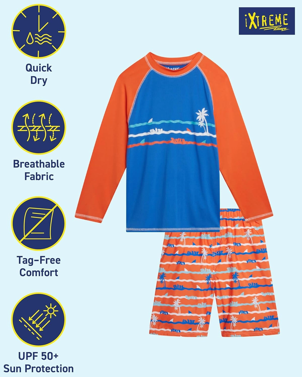 iXtreme Boys Rash Guard Set - 2 Piece UPF 50  Quick Dry Long Sleeve Swim Shirt and Swim Trunks for Boys (Sizes: 2T-14)