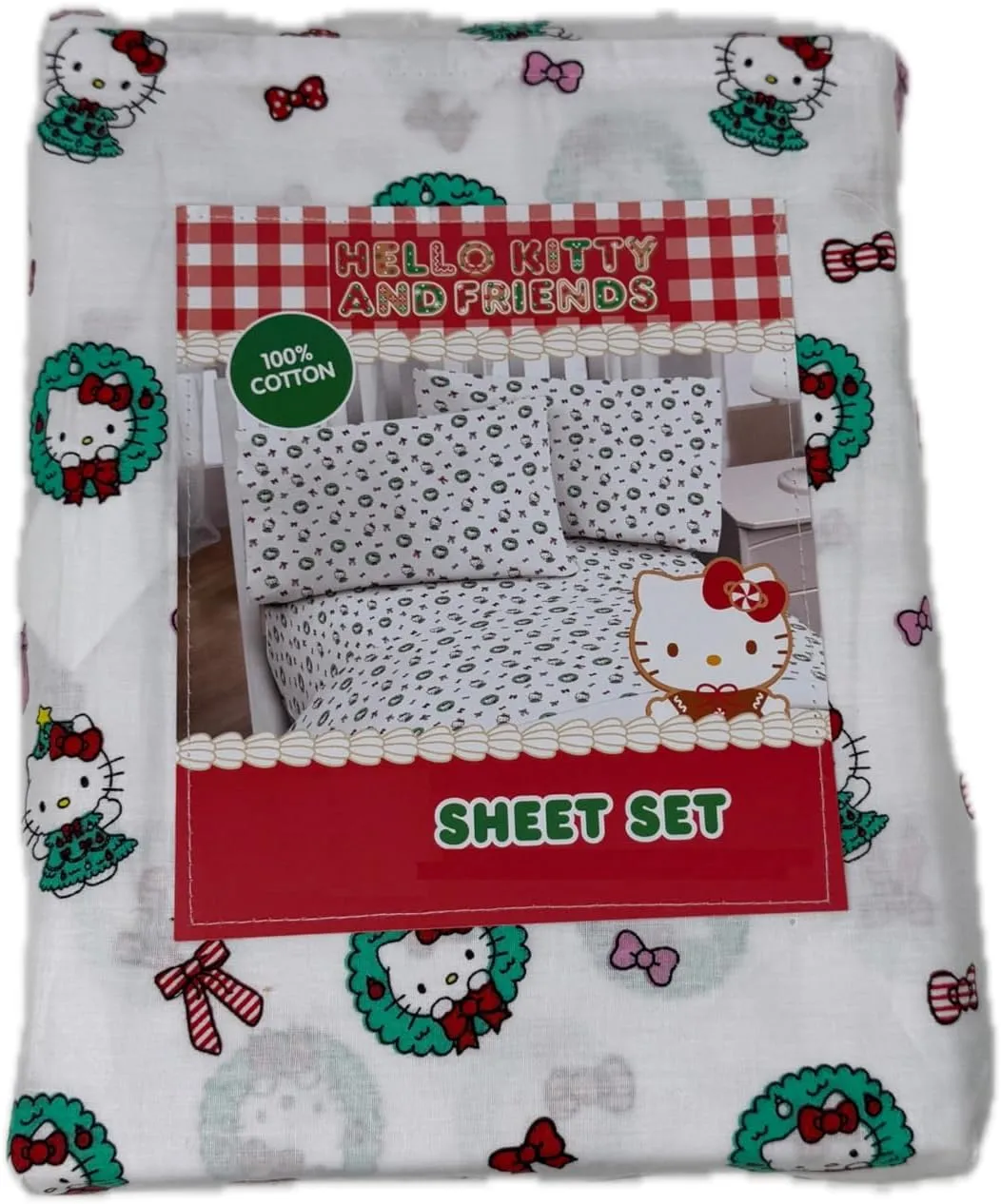 Jay Franco & Sons, Inc. Hello Kitty Christmas Cotton Sheet Set (White - Christmas Tree Dress, Wreaths, Bows - Queen)
