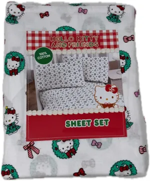 Jay Franco & Sons, Inc. Hello Kitty Christmas Cotton Sheet Set (White - Christmas Tree Dress, Wreaths, Bows - Queen)