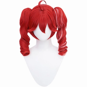 JCvCX Anime Cosplay Wig with Twin Tails Bright Red White Mixed Heat Resistant Synthetic Hair Curled Style