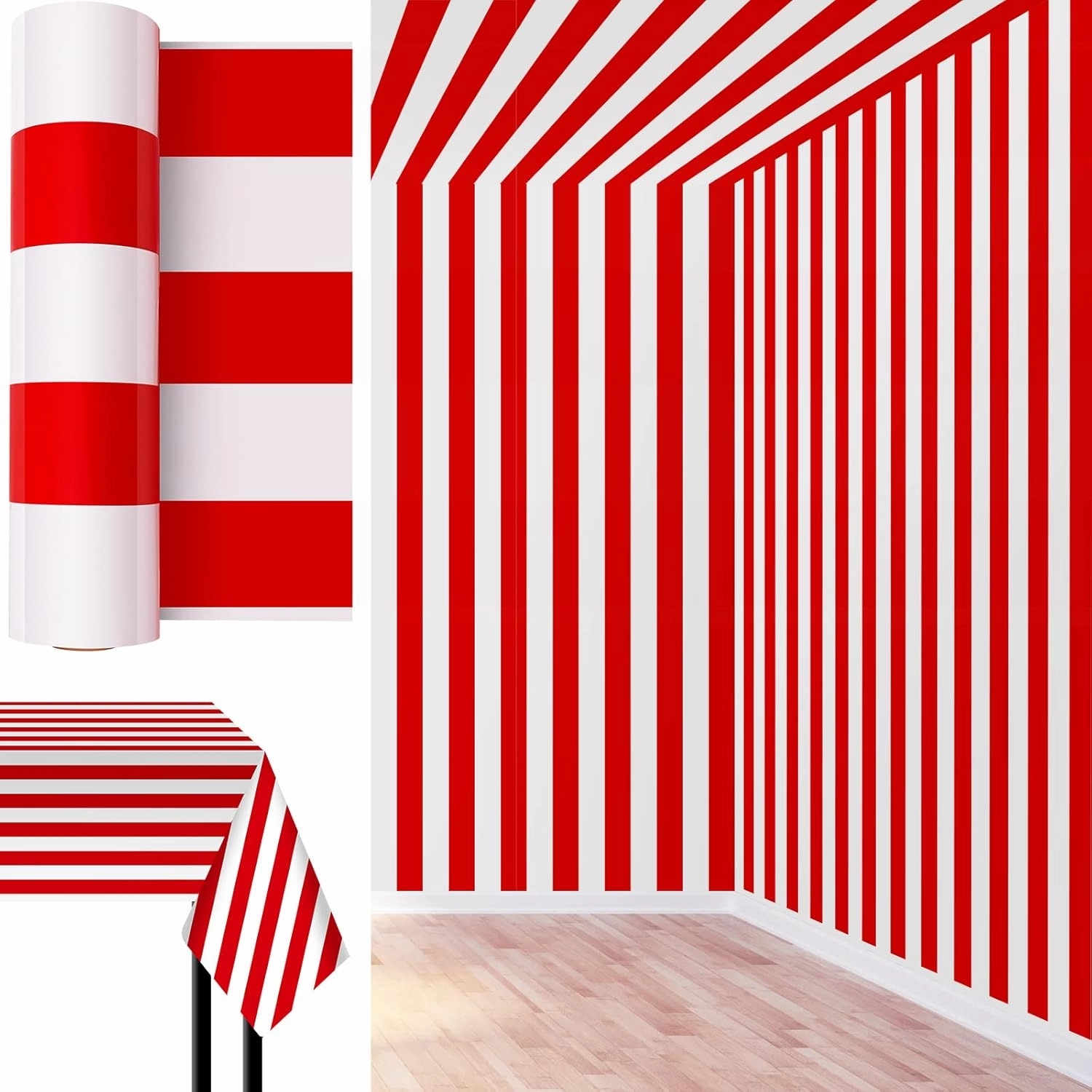 Jecery 54 Inch x 100 ft Tablecloth Roll Red and White Striped Tablecloth Red Brick Wall Backdrop Carnival Circus Decorations Wizard Photography Supplies for Photo Booth Props