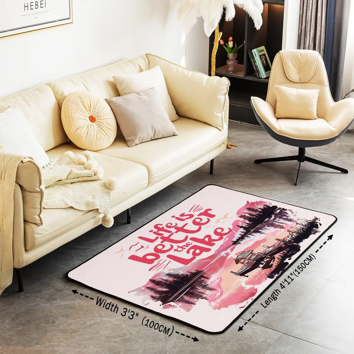 jejeloiu Pink Lake Area Rug 3x5 Kids Lakeside Fishing Living Room Rugs for Bedroom for Boys Girls Teens Cabin Mountain Decorative Carpet Non-Slip Tree Indoor Floor Mat