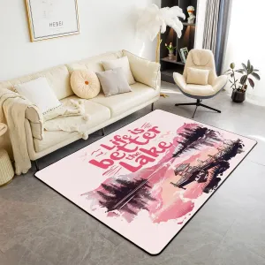 jejeloiu Pink Lake Area Rug 3x5 Kids Lakeside Fishing Living Room Rugs for Bedroom for Boys Girls Teens Cabin Mountain Decorative Carpet Non-Slip Tree Indoor Floor Mat